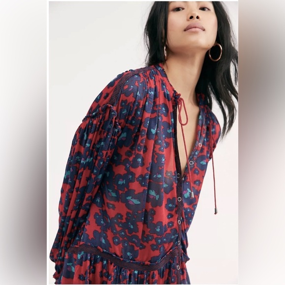 NWT Free People | Love Letter Long Sleeve Snap Front High/Low Tunic Merlot Combo - Picture 3 of 16